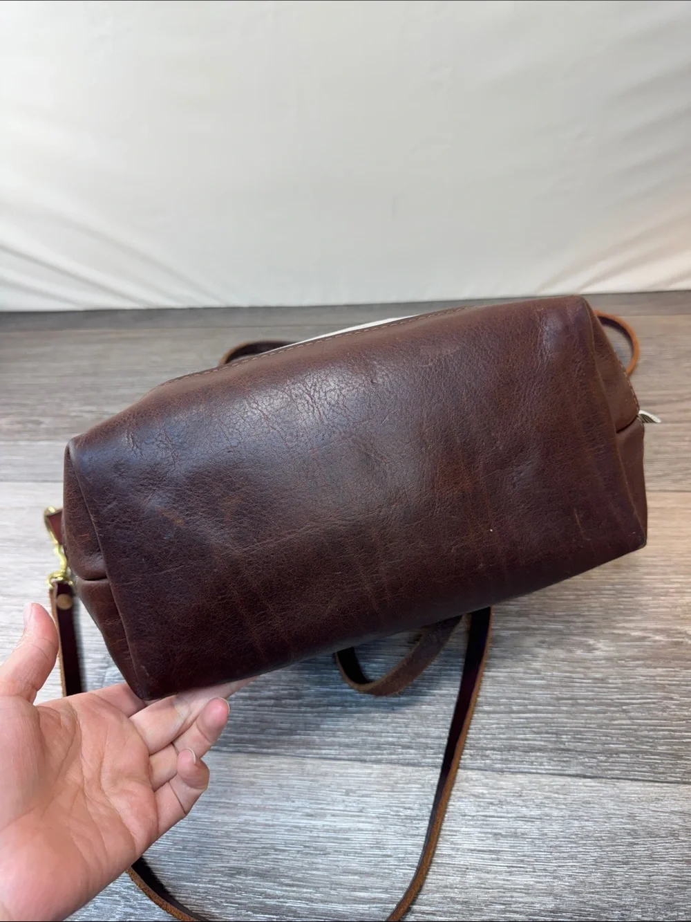 Meanwhile Canvas Shoulder Bag with Brown Leather Trim - Cream